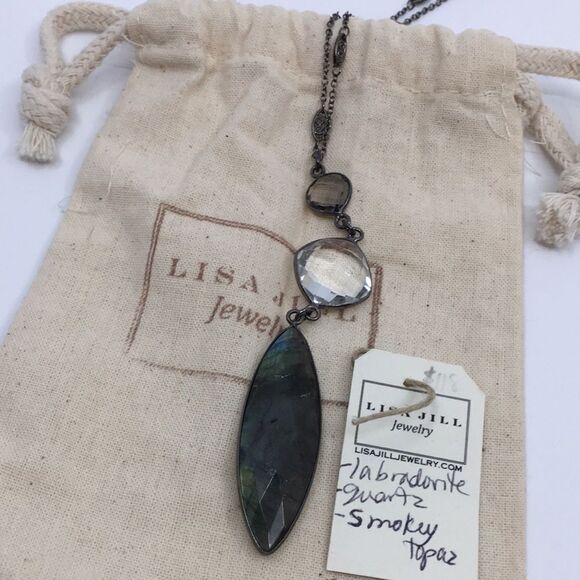 Lisa Jill Labradorite Quartz and Smoky Topaz  Long Necklace in Gun Metal Tone - Picture 16 of 17
